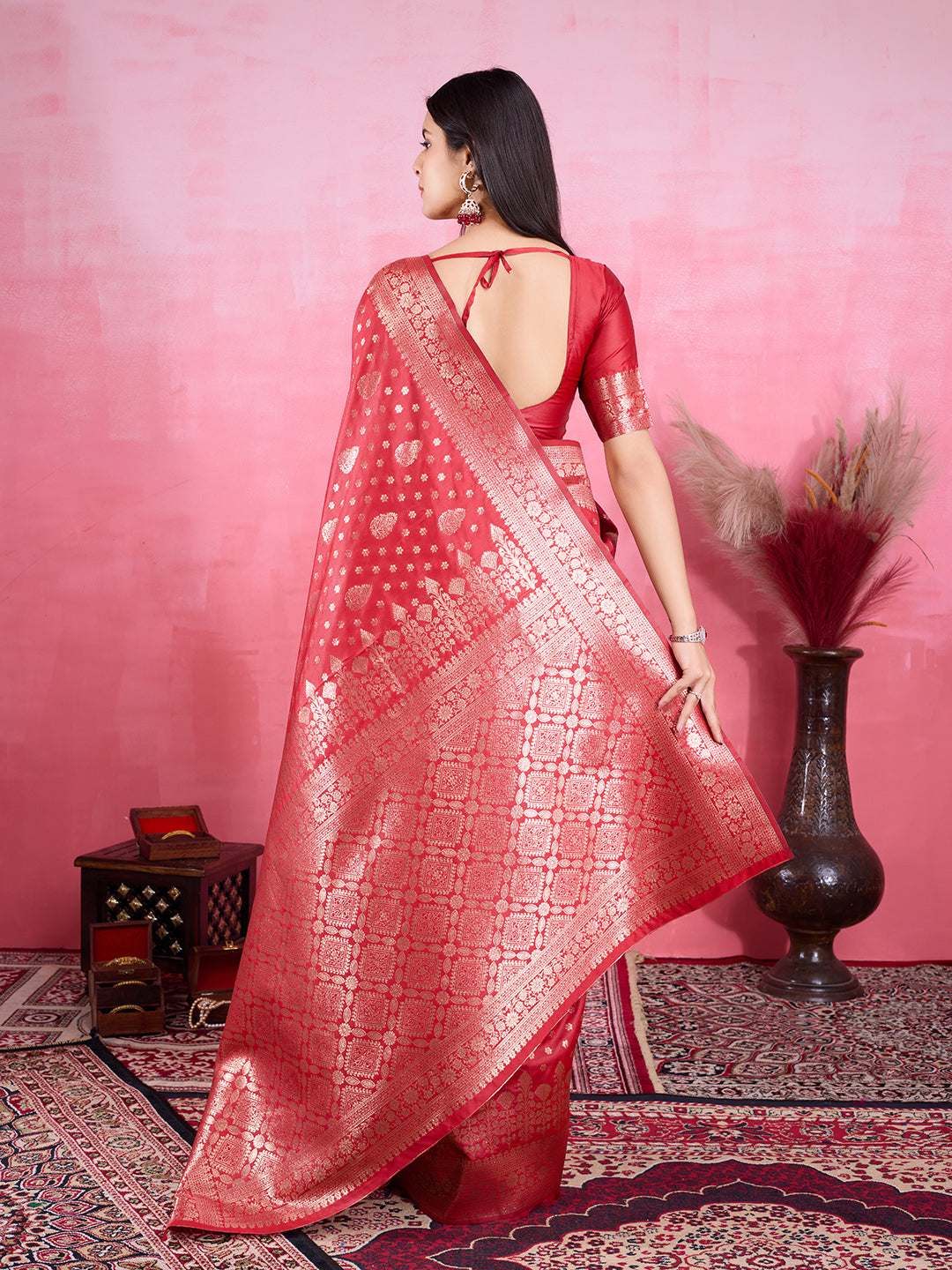 Red Pure and Rich Banarasi Soft Silk Saree With Silk Blouse Piece