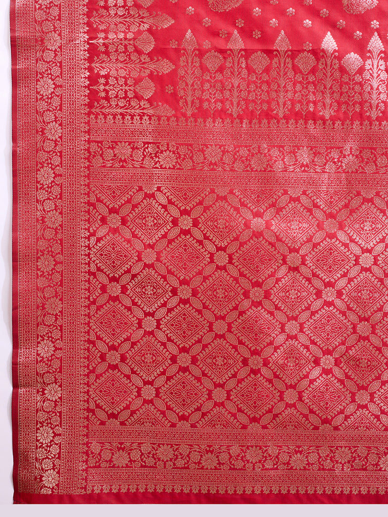 Red Pure and Rich Banarasi Soft Silk Saree With Silk Blouse Piece