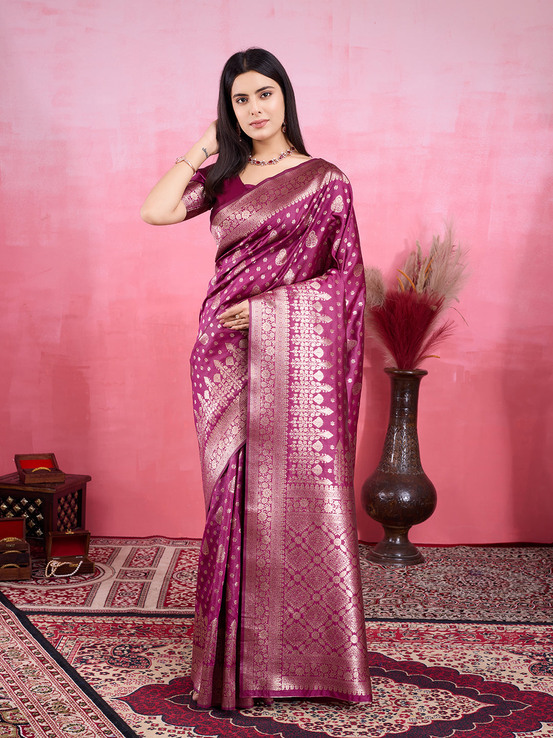 Wine Pure and Rich Banarasi Soft Silk Saree With Silk Blouse Piece