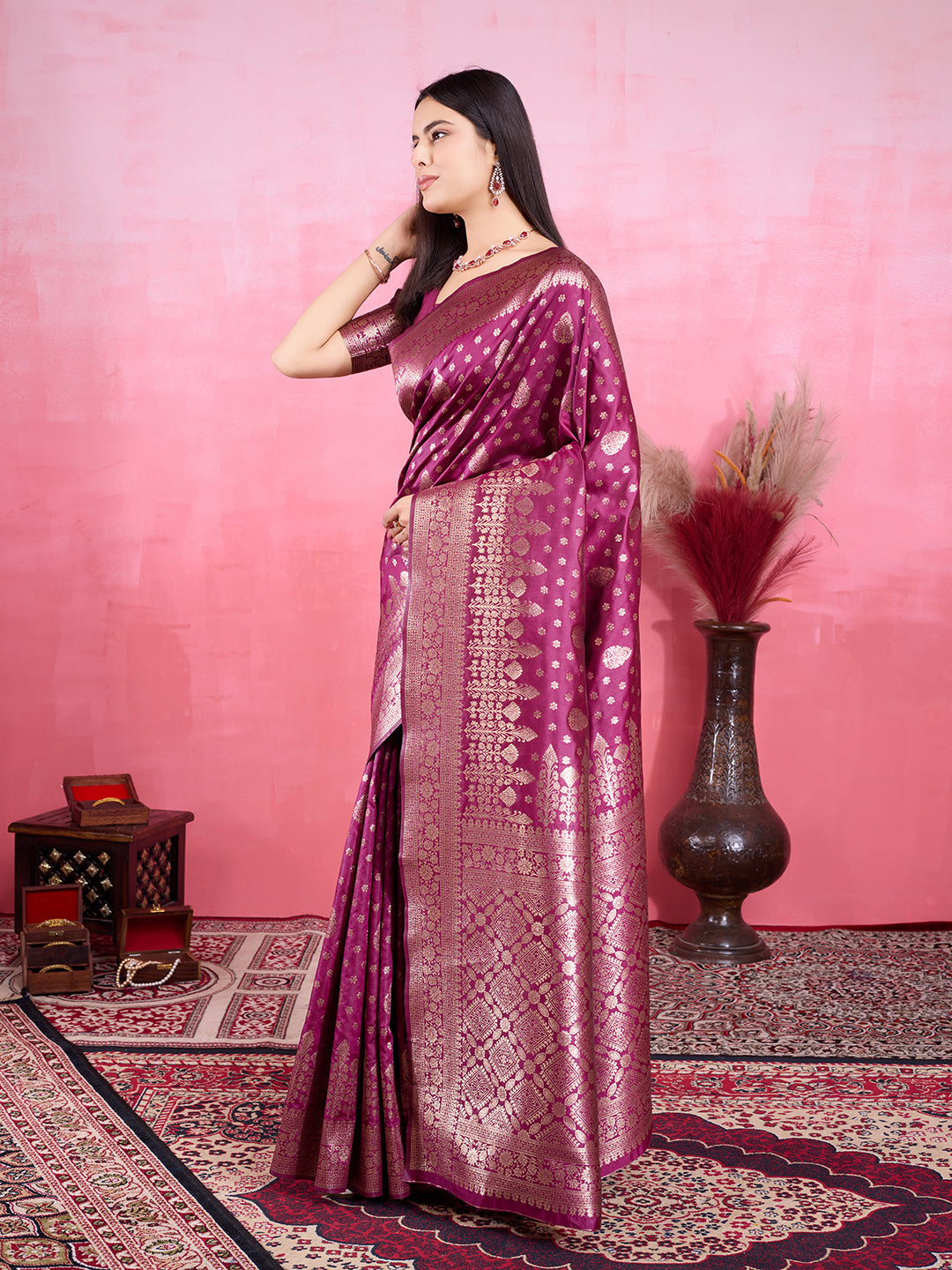 Wine Pure and Rich Banarasi Soft Silk Saree With Silk Blouse Piece