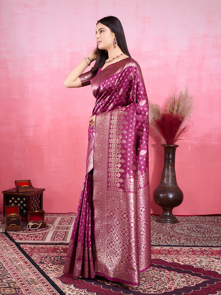 Wine Pure and Rich Banarasi Soft Silk Saree With Silk Blouse Piece
