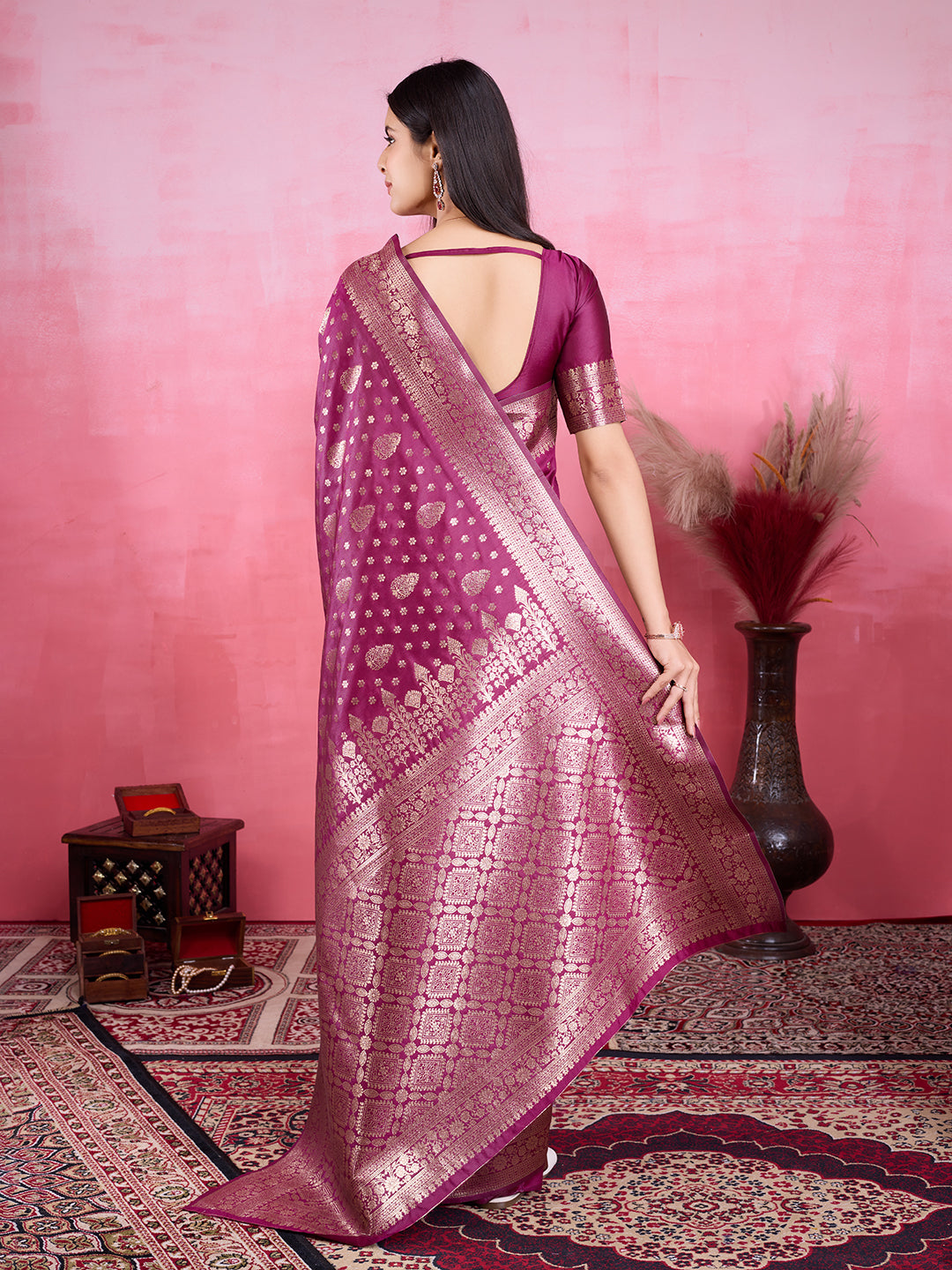 Wine Pure and Rich Banarasi Soft Silk Saree With Silk Blouse Piece