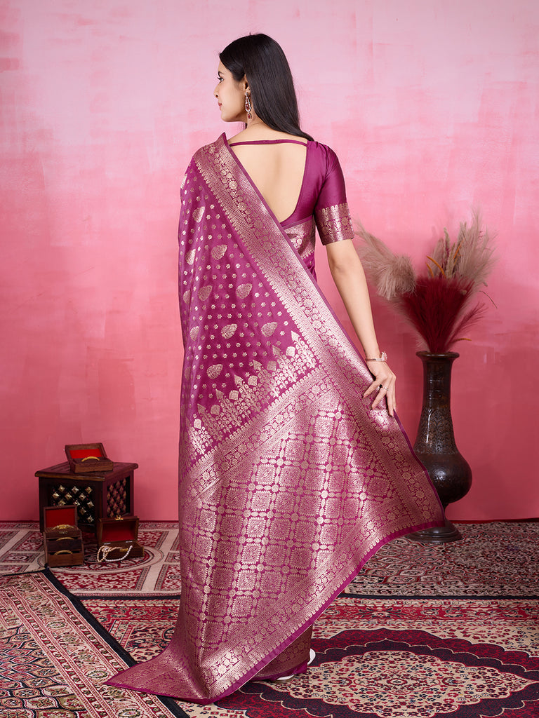 Wine Pure and Rich Banarasi Soft Silk Saree With Silk Blouse Piece