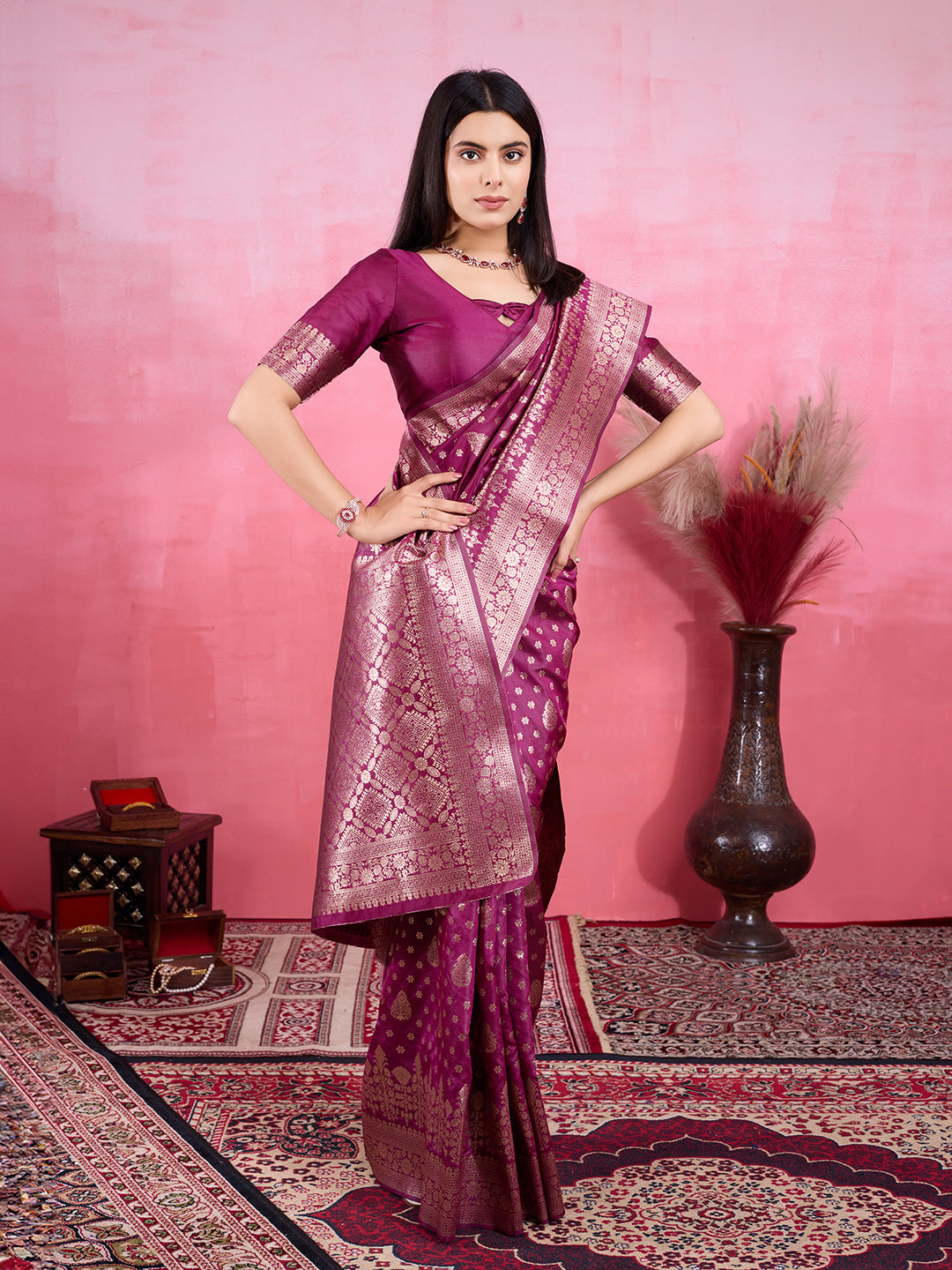 Wine Pure and Rich Banarasi Soft Silk Saree With Silk Blouse Piece