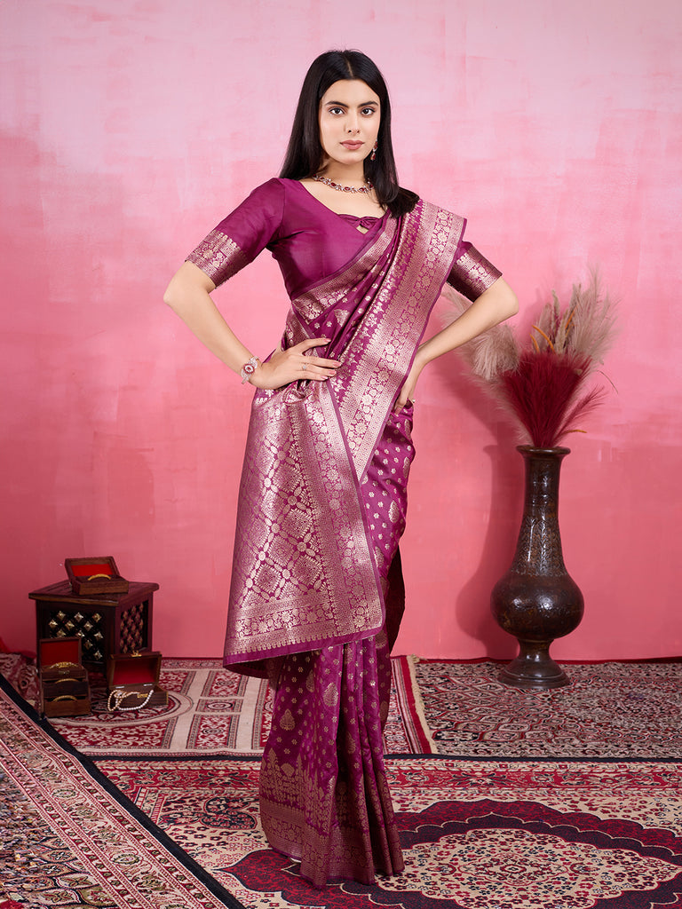 Wine Pure and Rich Banarasi Soft Silk Saree With Silk Blouse Piece