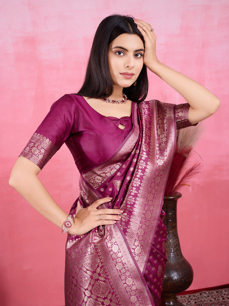 Wine Pure and Rich Banarasi Soft Silk Saree With Silk Blouse Piece