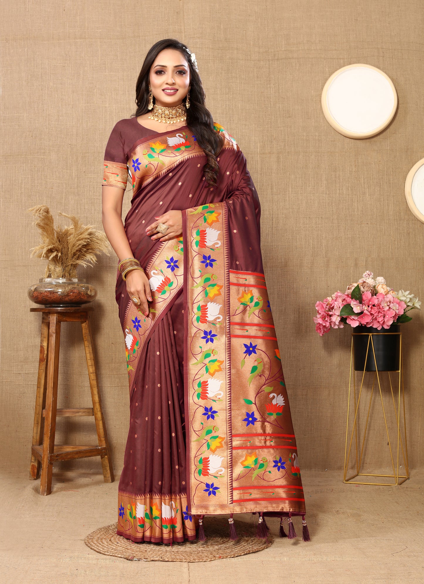 Brown Traditional Rajhans Paithani Soft Silk Saree With Blouse Piece