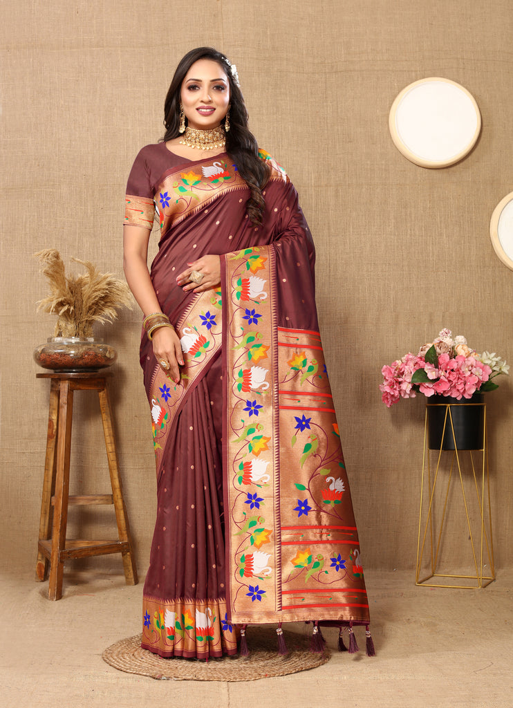 Brown Traditional Rajhans Paithani Soft Silk Saree With Blouse Piece