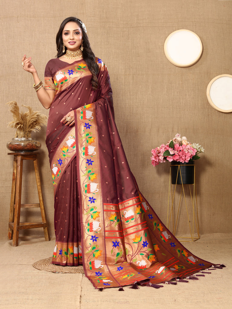 Brown Traditional Rajhans Paithani Soft Silk Saree With Blouse Piece