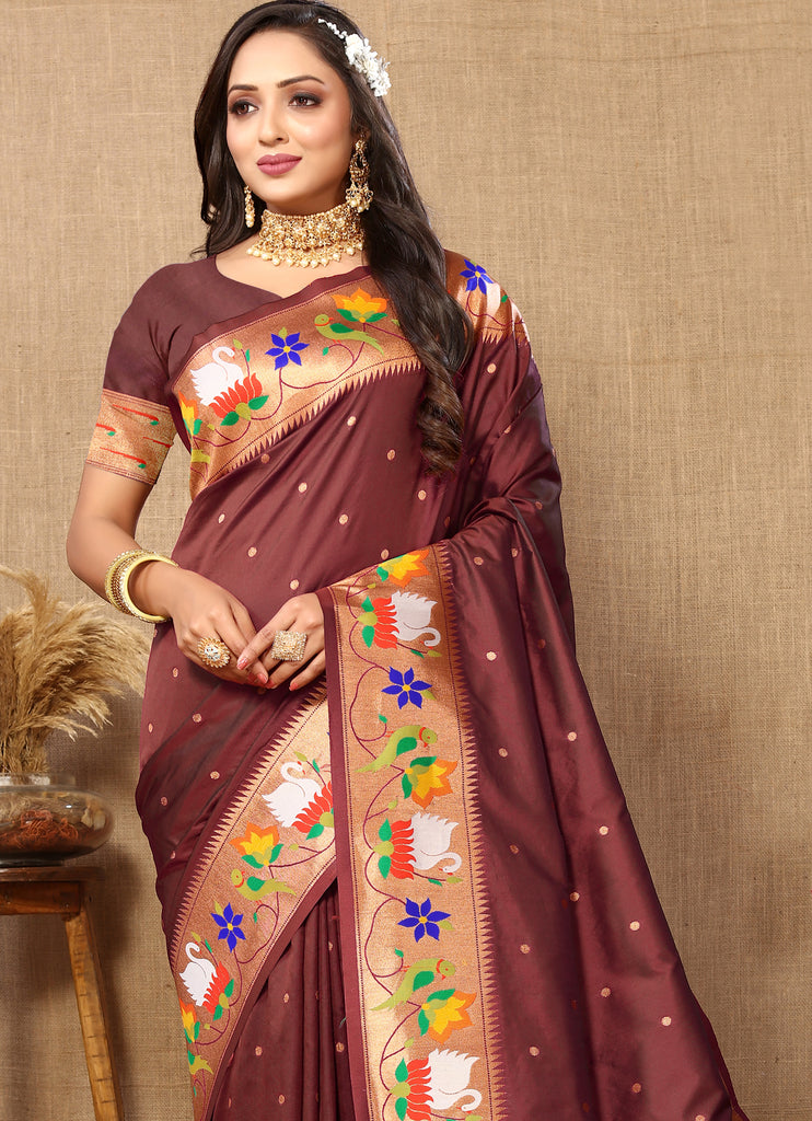 Brown Traditional Rajhans Paithani Soft Silk Saree With Blouse Piece