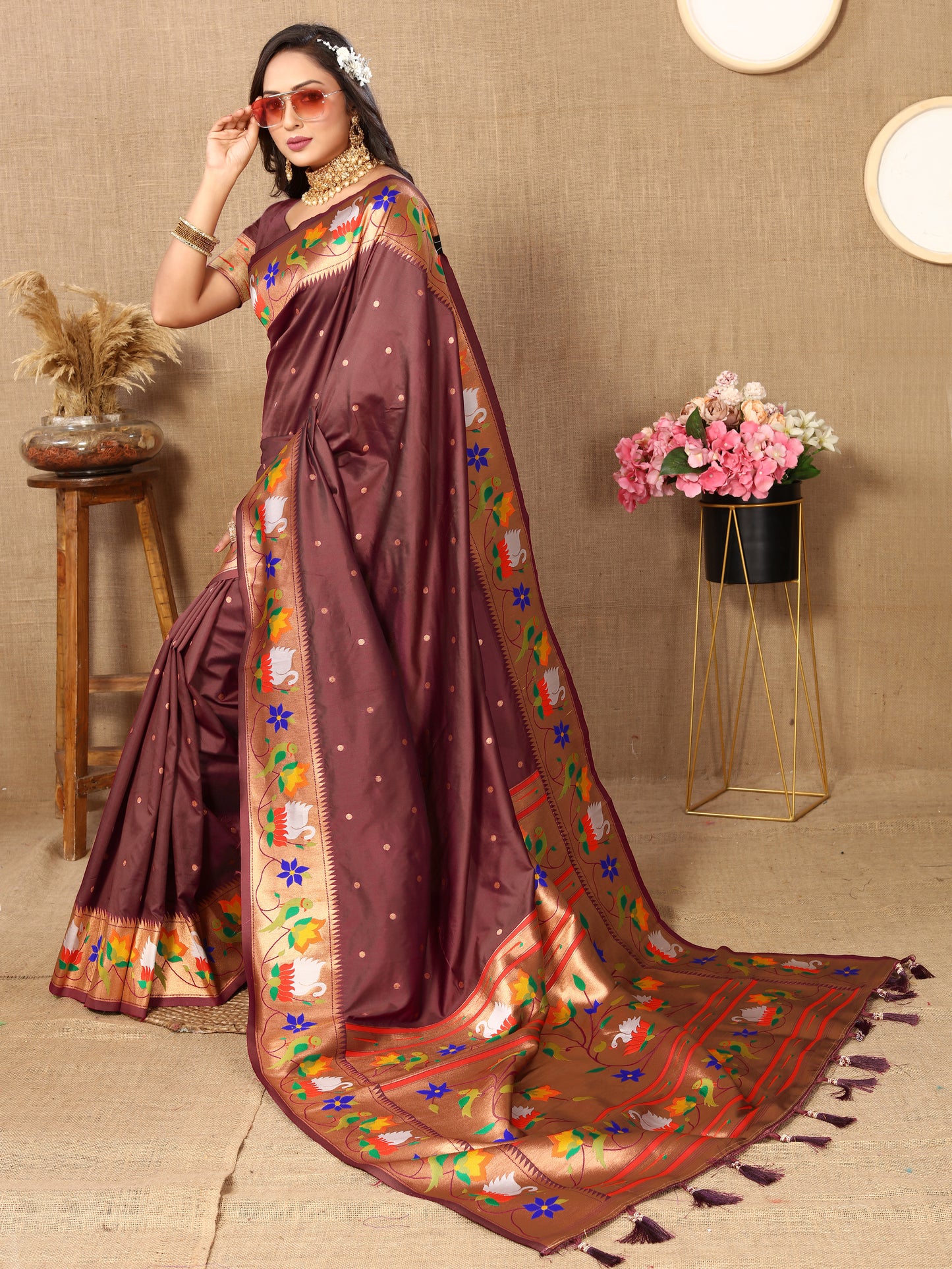 Brown Traditional Rajhans Paithani Soft Silk Saree With Blouse Piece