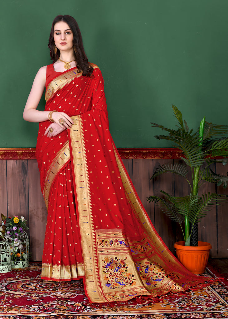 Red Timeless Meenakari Bindi Silk Saree With Blouse Piece