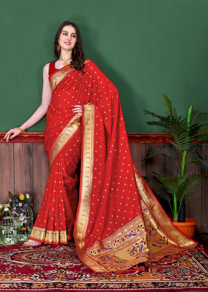 Red Timeless Meenakari Bindi Silk Saree With Blouse Piece