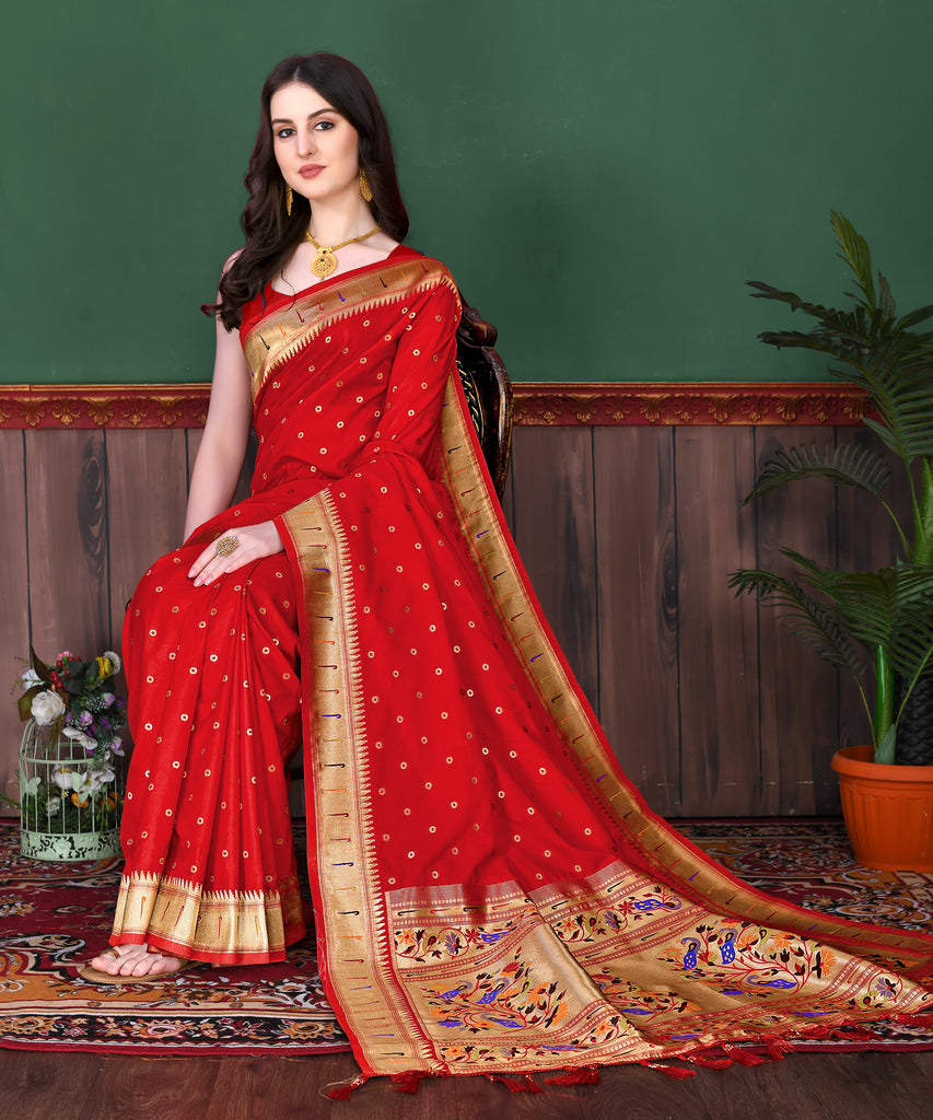 Red Timeless Meenakari Bindi Silk Saree With Blouse Piece