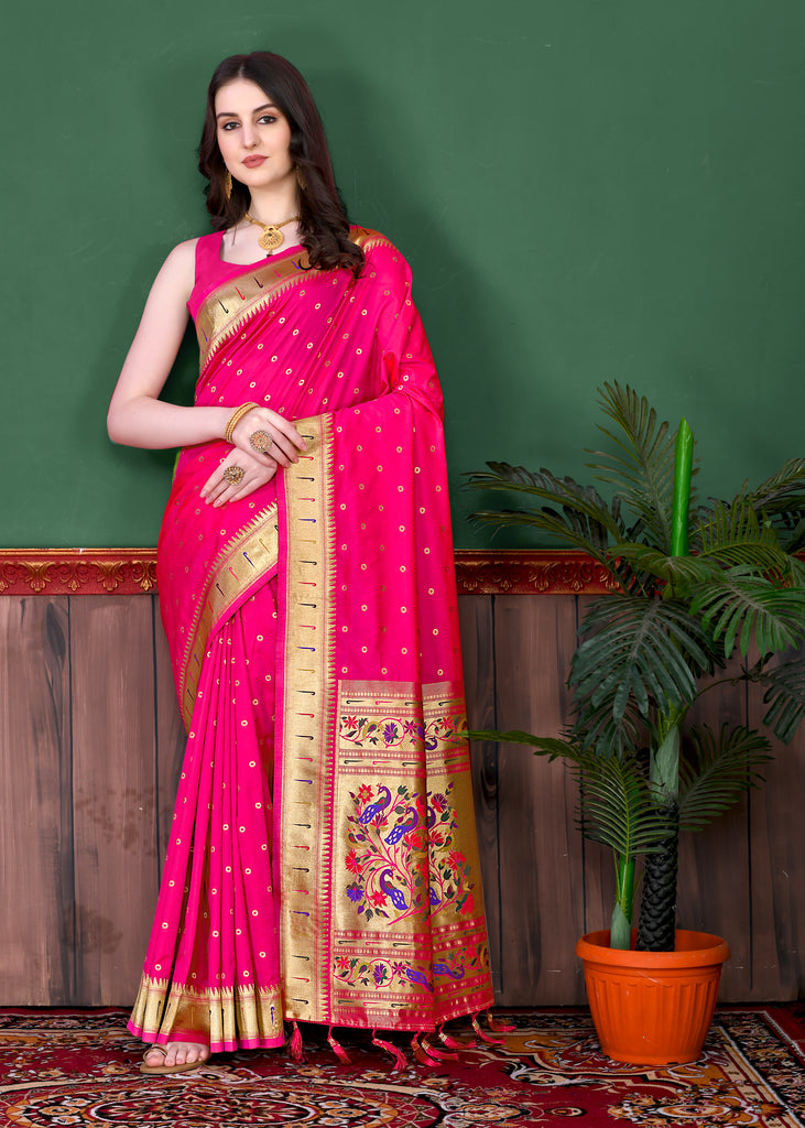 Pink Timeless Meenakari Bindi Silk Saree With Blouse Piece
