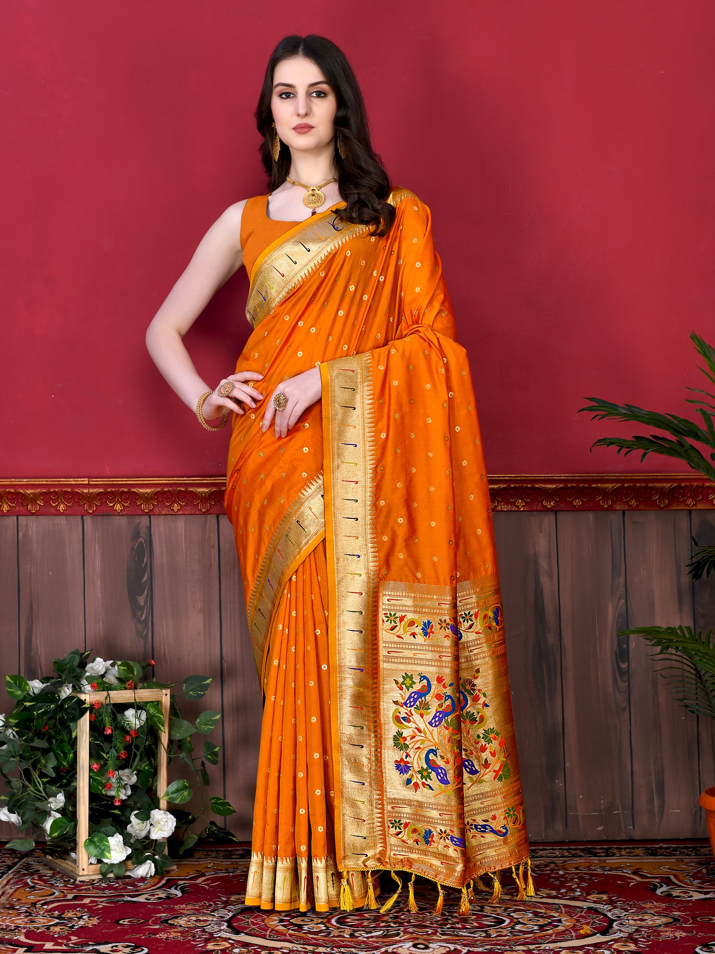 Mustard Timeless Meenakari Bindi Silk Saree With Blouse Piece