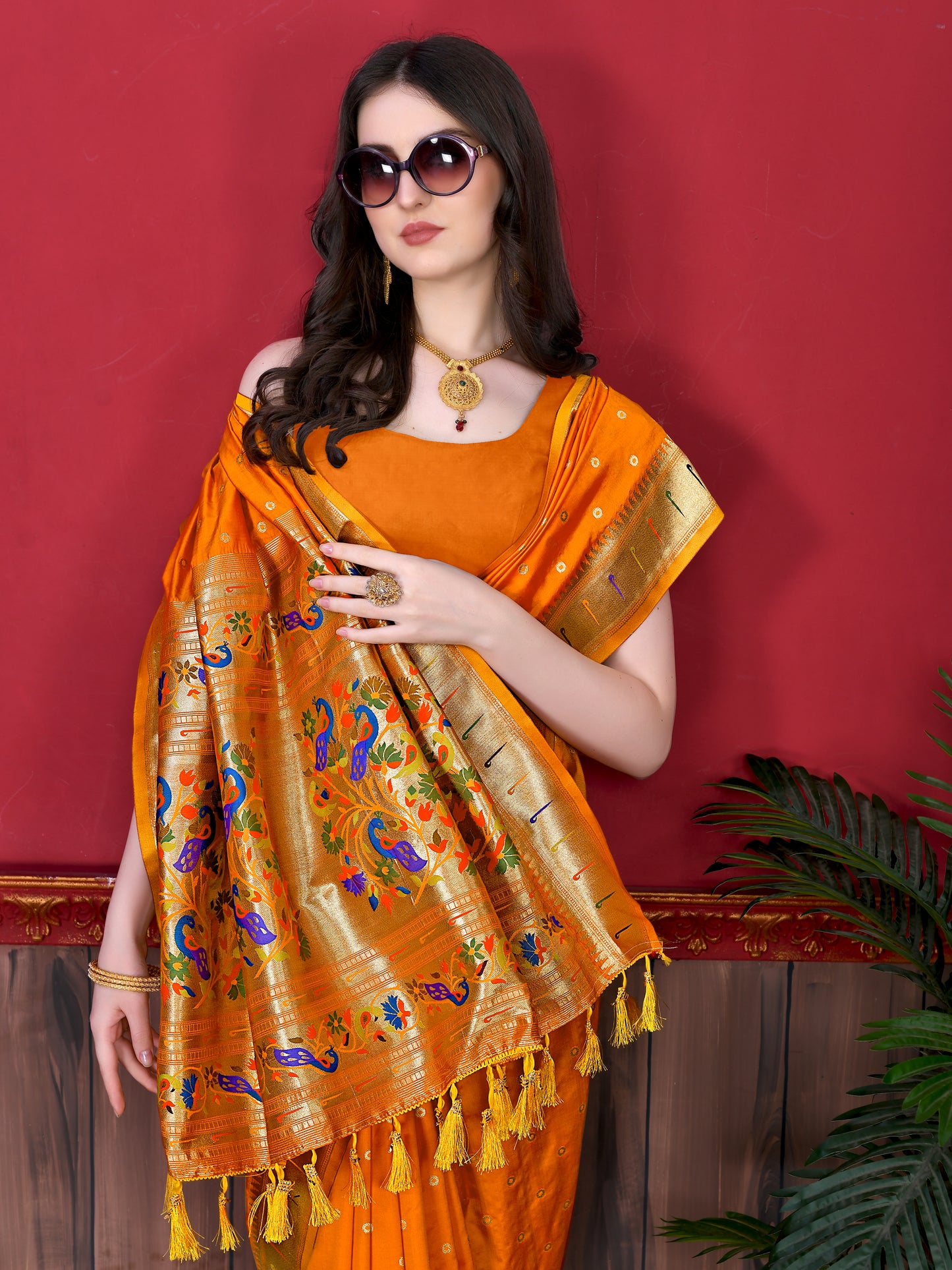 Mustard Timeless Meenakari Bindi Silk Saree With Blouse Piece