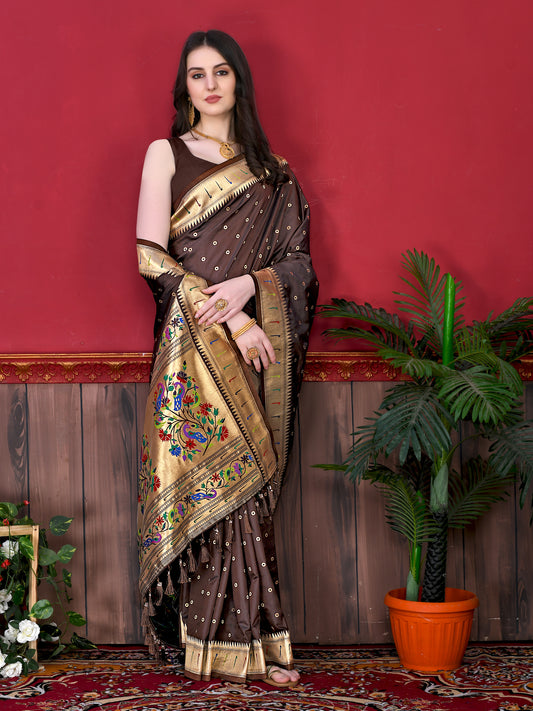 Coffee Timeless Meenakari Bindi Silk Saree With Blouse Piece