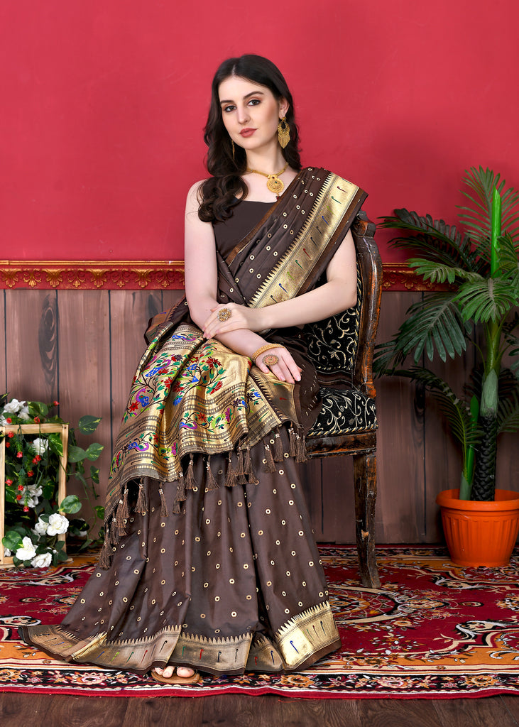 Coffee Timeless Meenakari Bindi Silk Saree With Blouse Piece