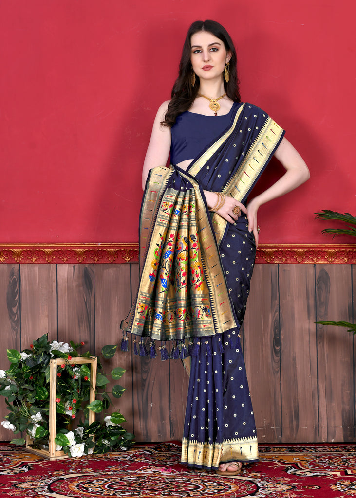 Blue Timeless Meenakari Bindi Silk Saree With Blouse Piece