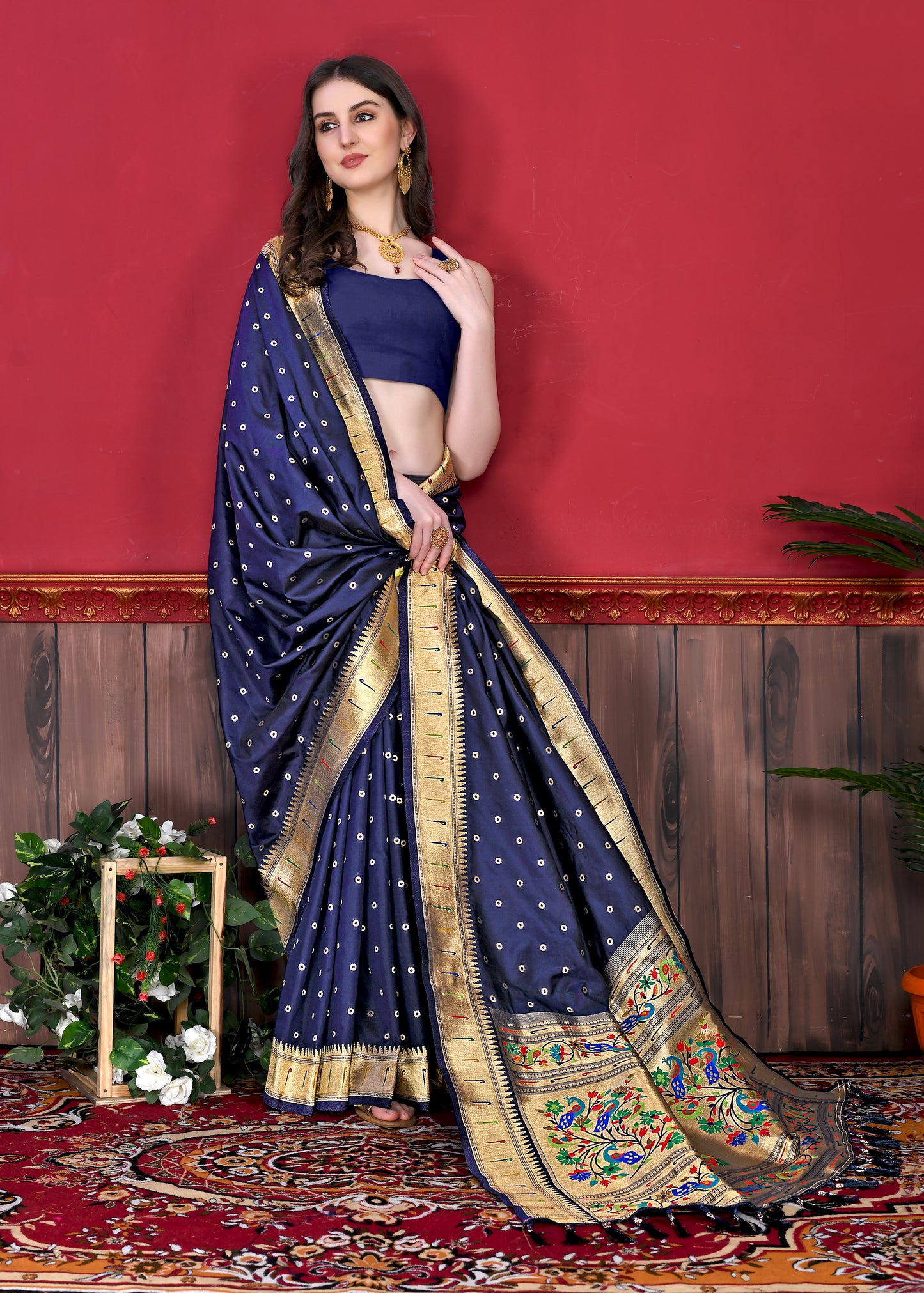 Blue Timeless Meenakari Bindi Silk Saree With Blouse Piece