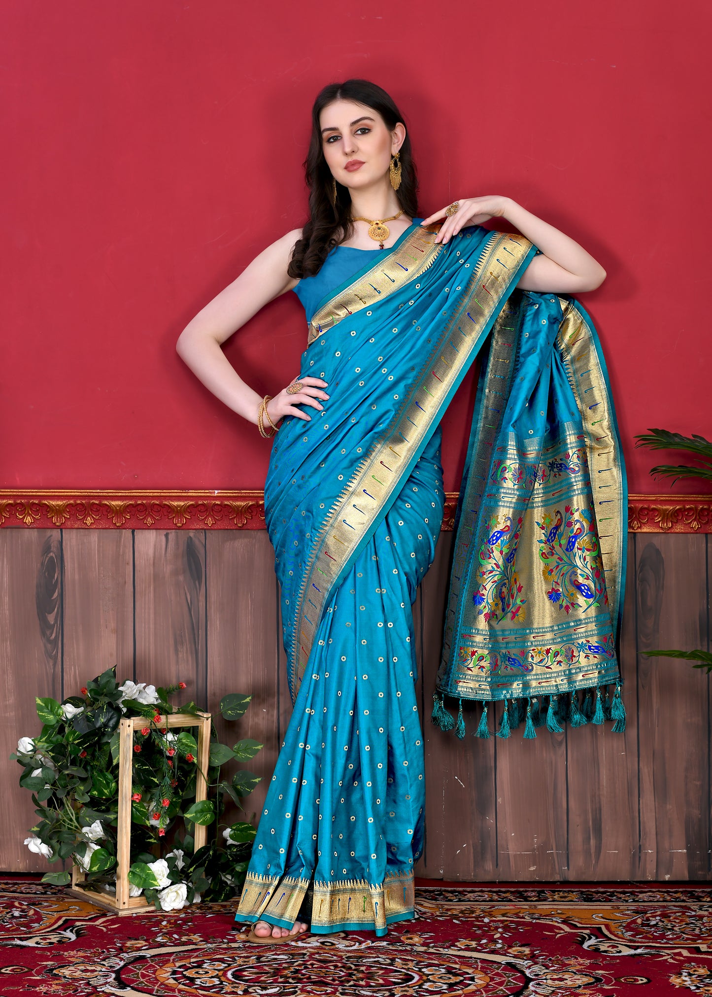 Sky Timeless Meenakari Bindi Silk Saree With Blouse Piece