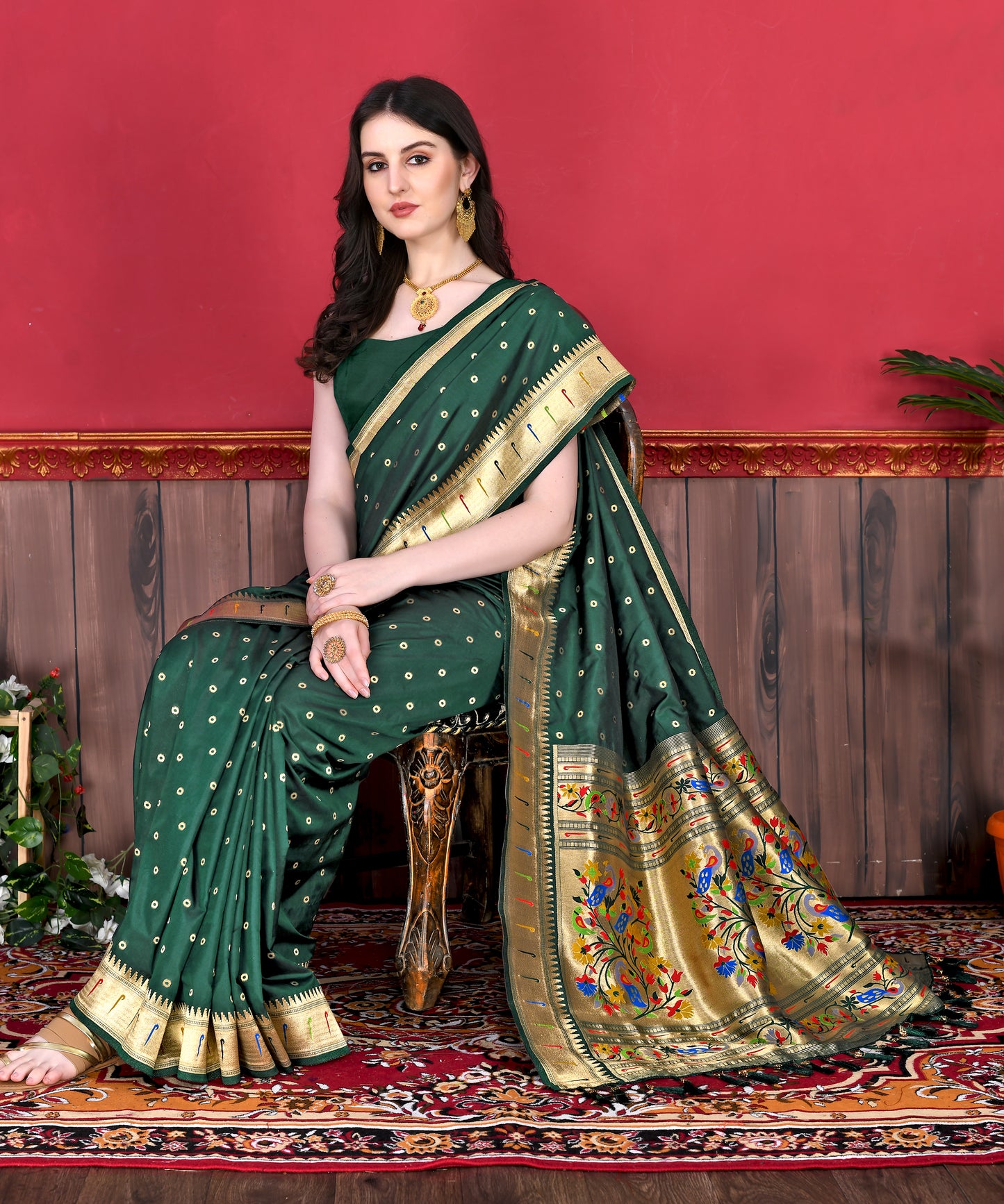 Green Timeless Meenakari Bindi Silk Saree With Blouse Piece