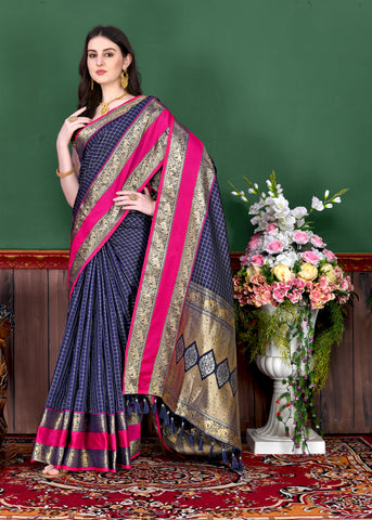Blue Graceful Woven Chex Silk Saree With Blouse Piece