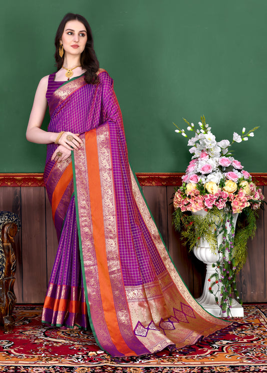 Purple Graceful Woven Chex Silk Saree With Blouse Piece