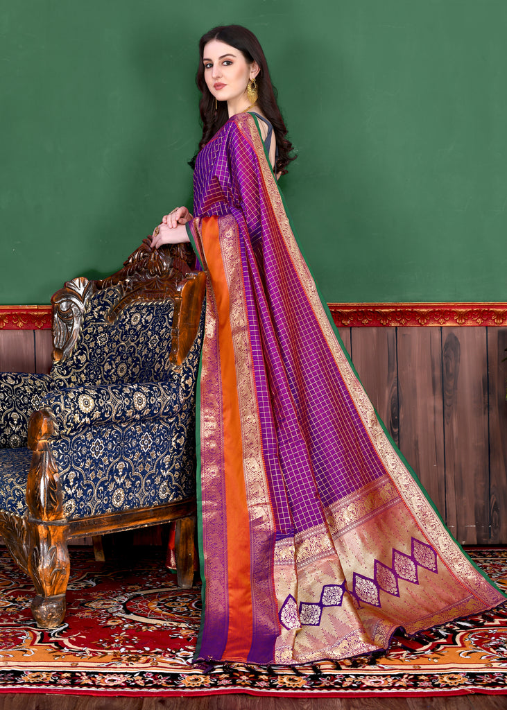 Purple Graceful Woven Chex Silk Saree With Blouse Piece