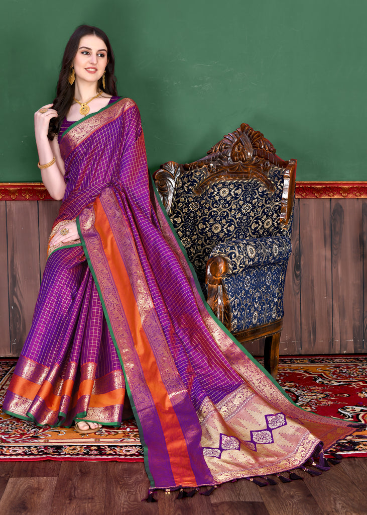 Purple Graceful Woven Chex Silk Saree With Blouse Piece