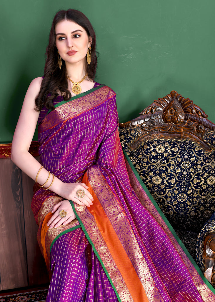 Purple Graceful Woven Chex Silk Saree With Blouse Piece