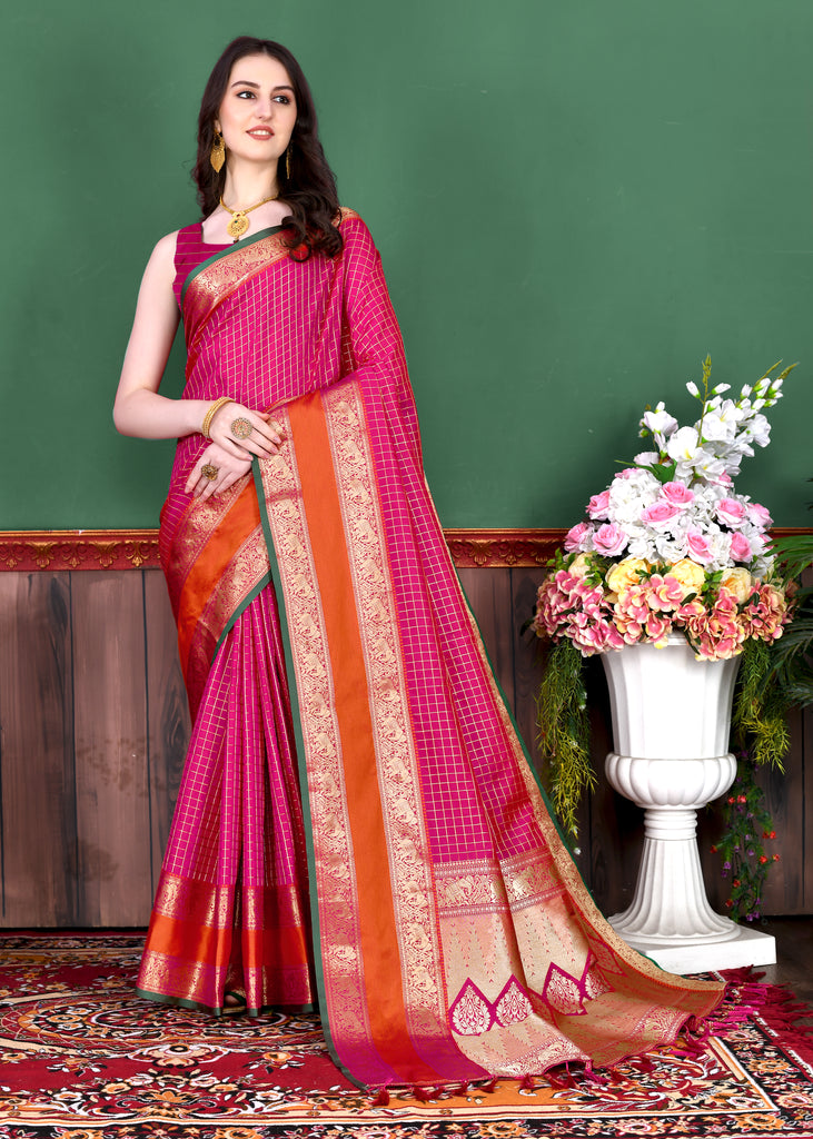 Pink Graceful Woven Chex Silk Saree With Blouse Piece