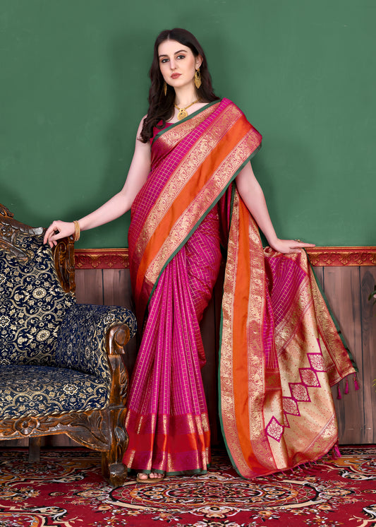 Pink Graceful Woven Chex Silk Saree With Blouse Piece