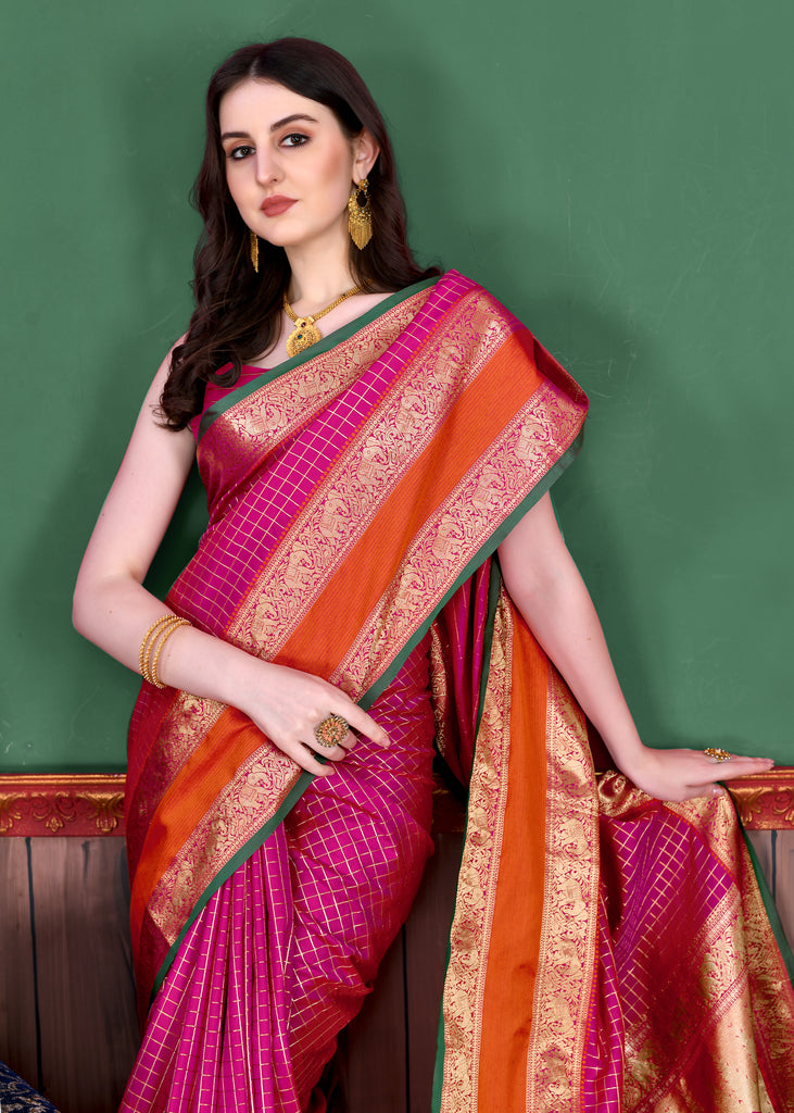 Pink Graceful Woven Chex Silk Saree With Blouse Piece