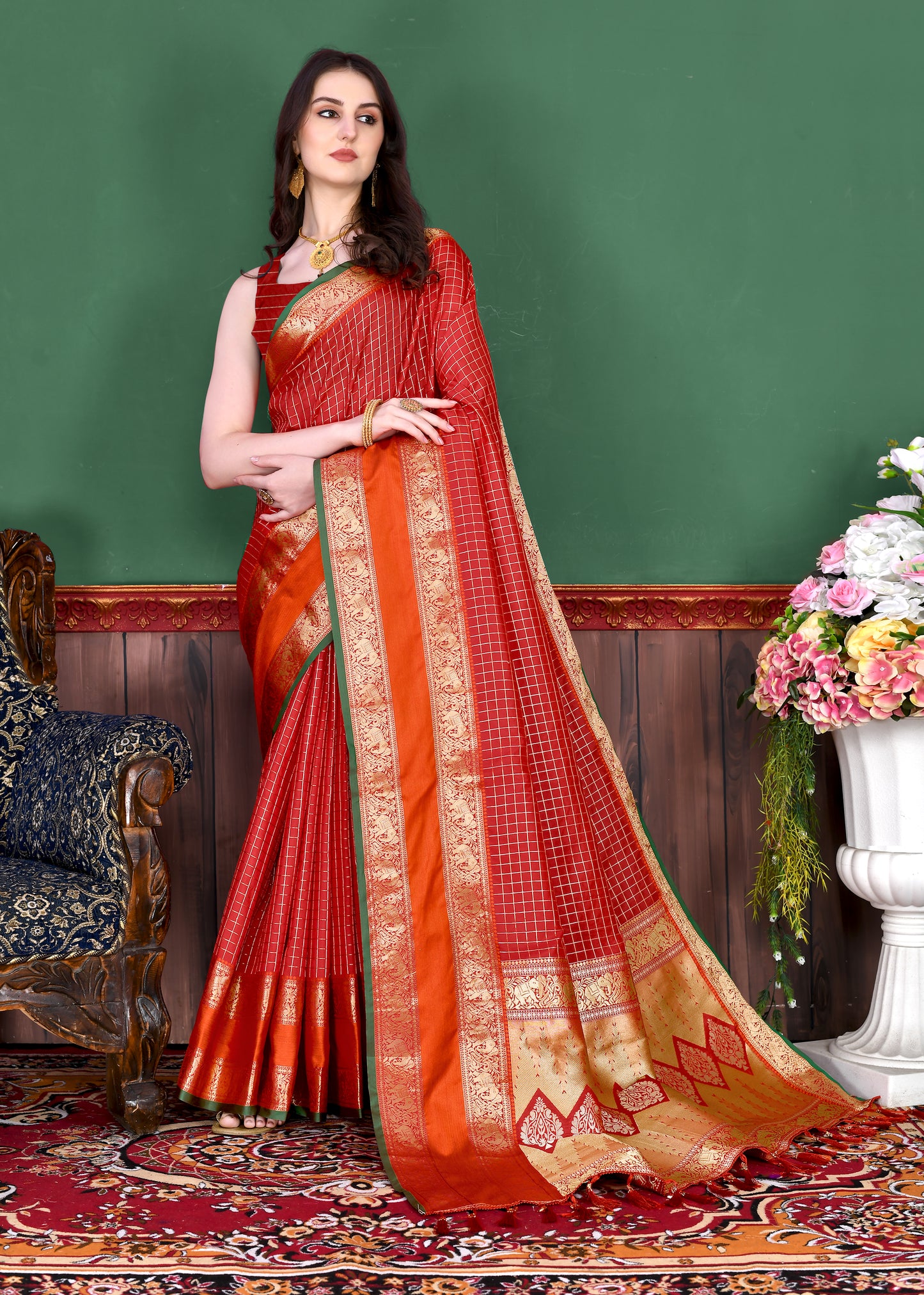 Orange Graceful Woven Chex Silk Saree With Blouse Piece