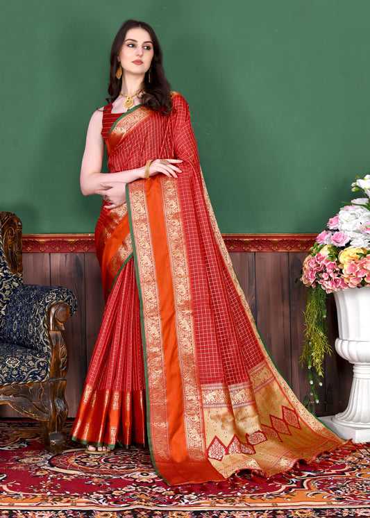 Orange Graceful Woven Chex Silk Saree With Blouse Piece