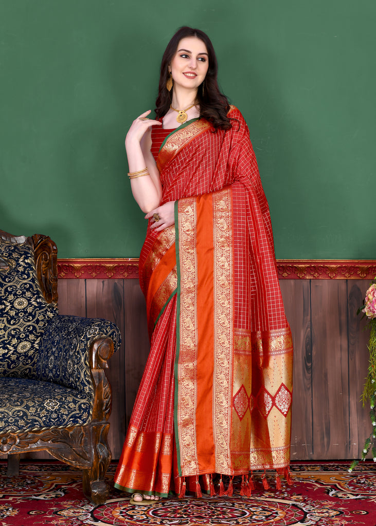 Orange Graceful Woven Chex Silk Saree With Blouse Piece