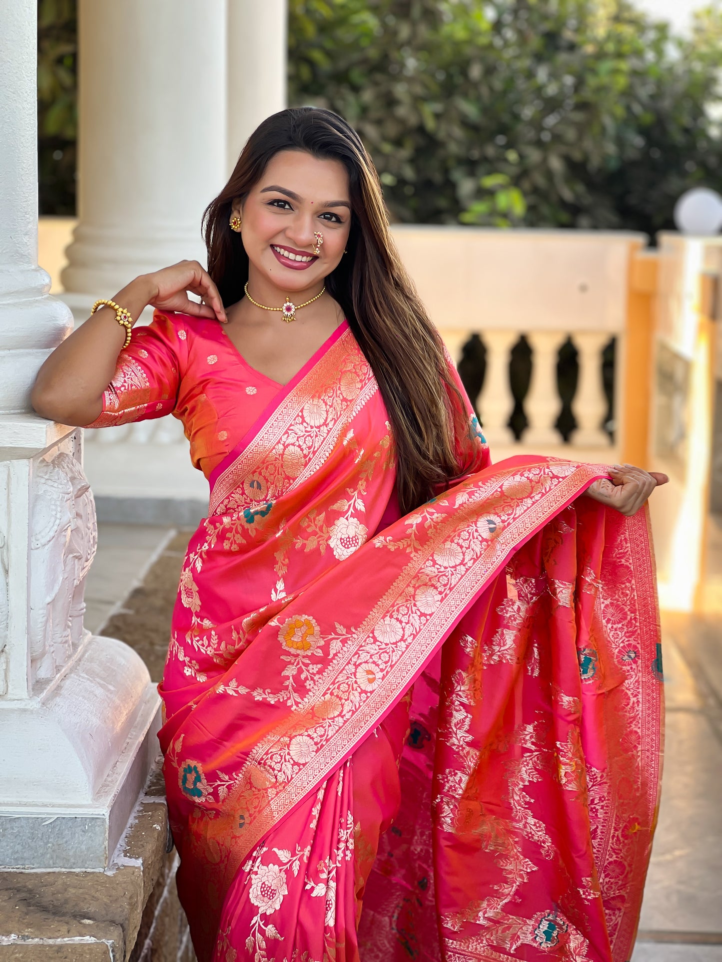 Peach Graceful Trending Banarasi Silk Saree With Blouse Piece