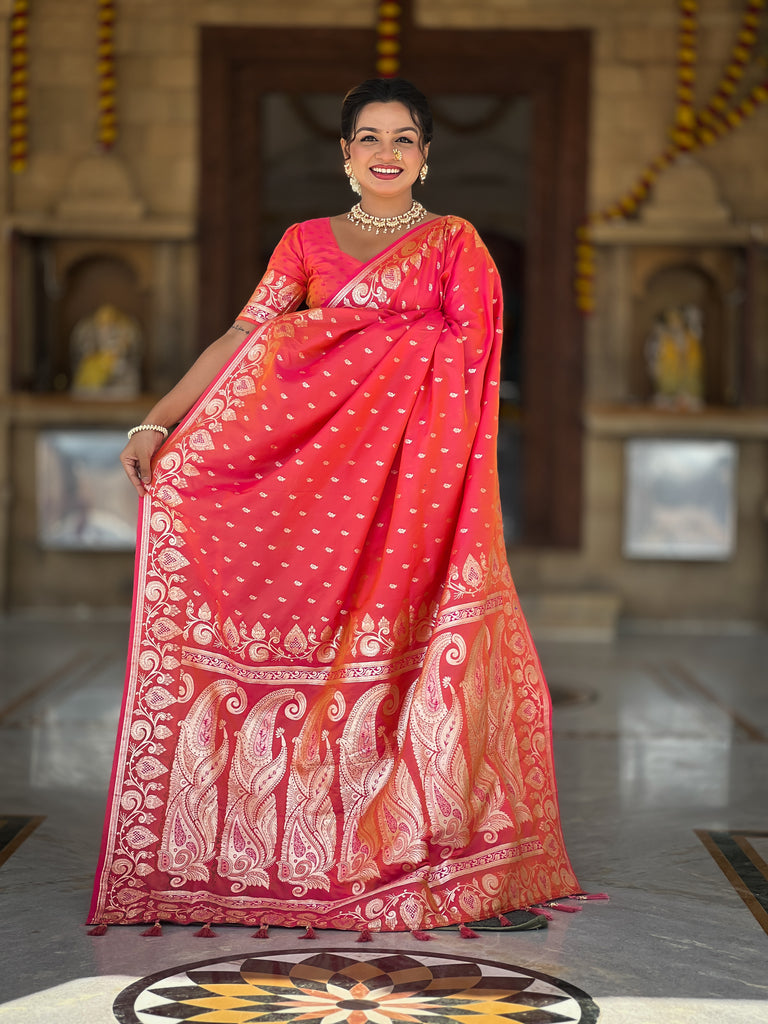 Peach Unique Meena Banarasi Silk Saree With Blouse Piece