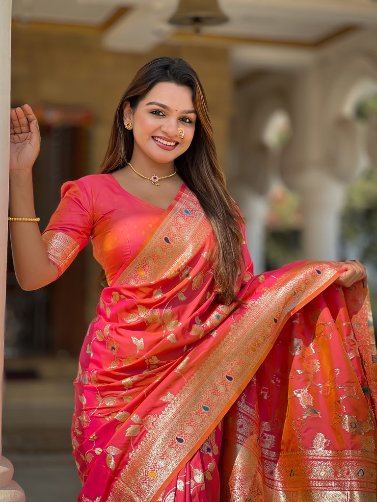 Peach Meenakari Elegance Banarasi Silk Saree