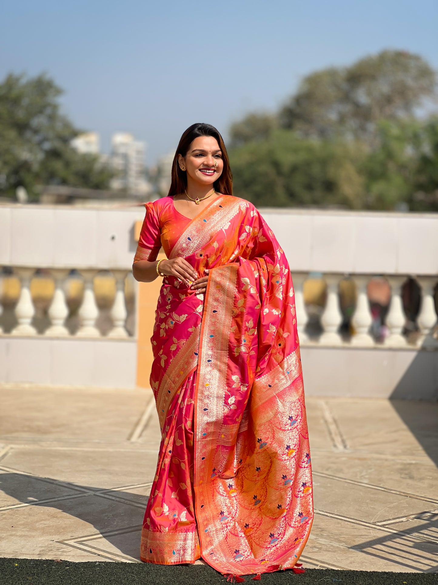 Peach Meenakari Elegance Banarasi Silk Saree