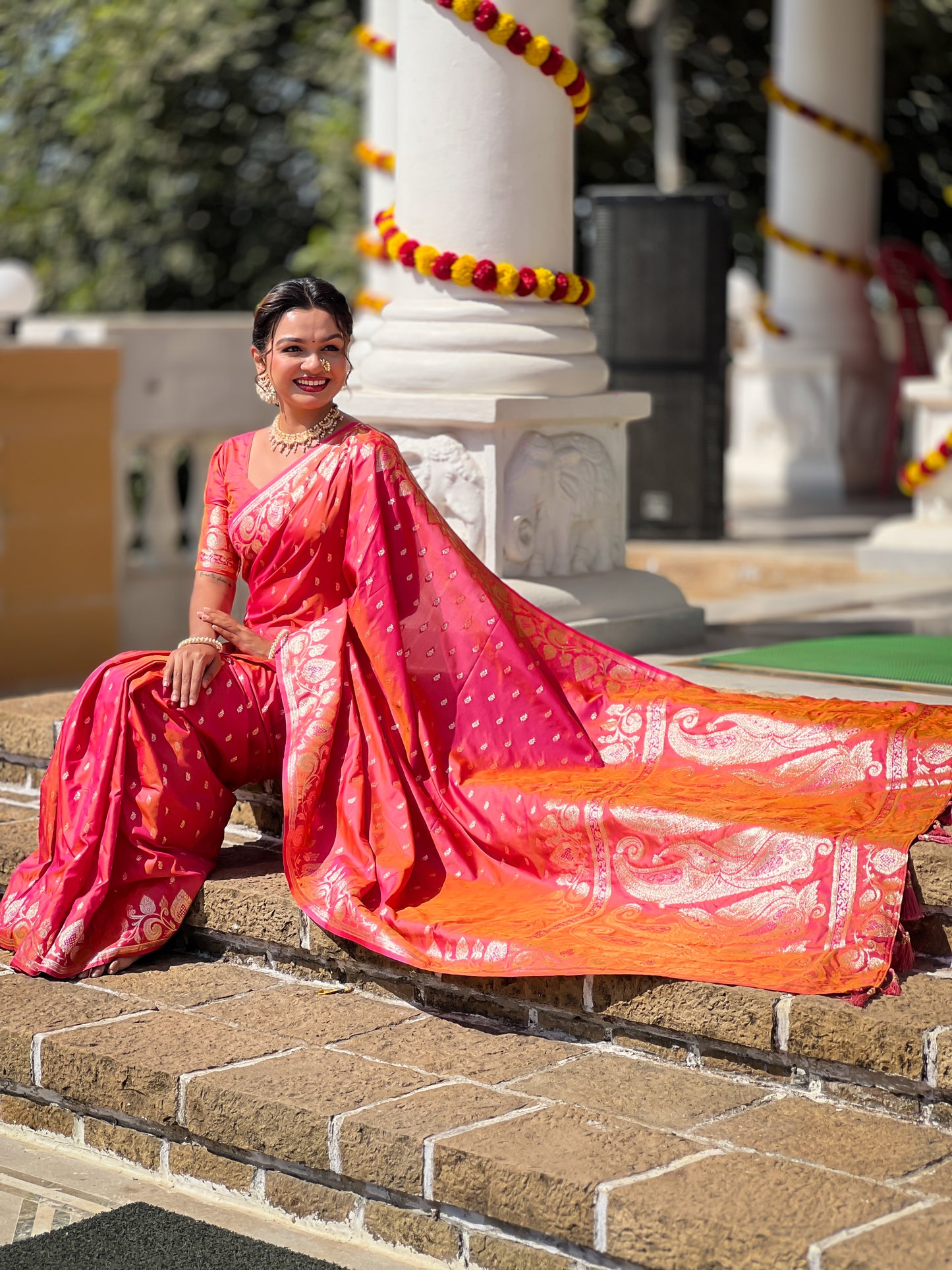 Peach Unique Meena Banarasi Silk Saree With Blouse Piece