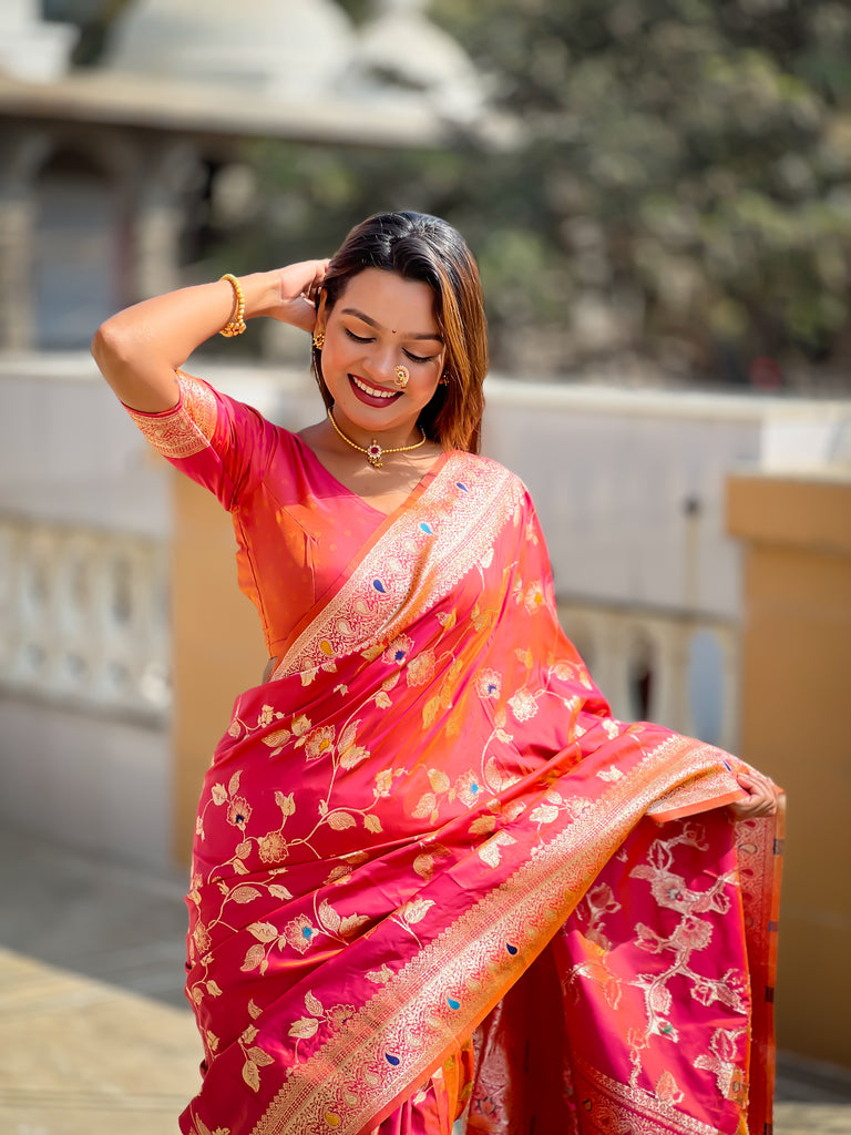 Peach Meenakari Elegance Banarasi Silk Saree