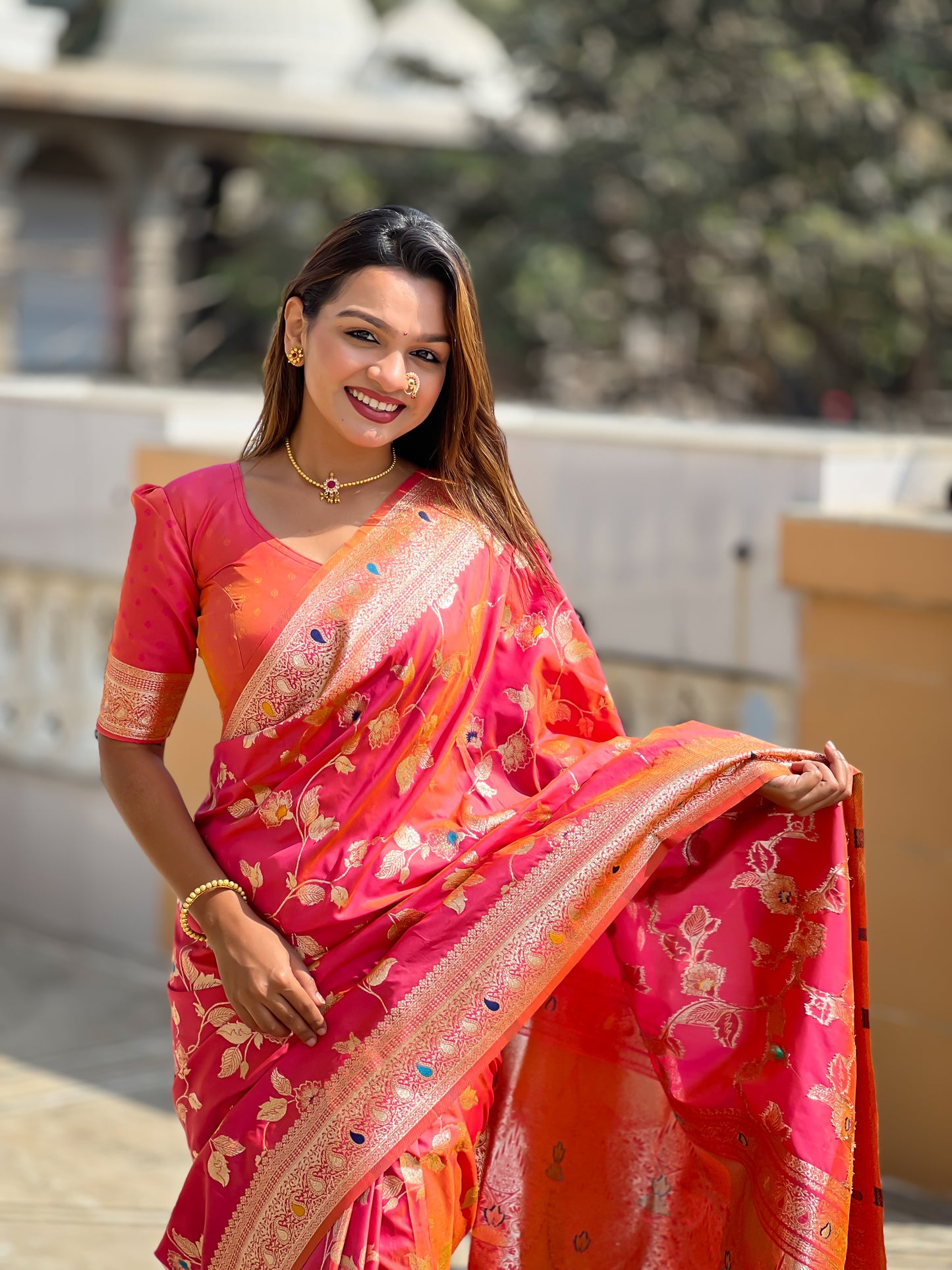 Peach Meenakari Elegance Banarasi Silk Saree