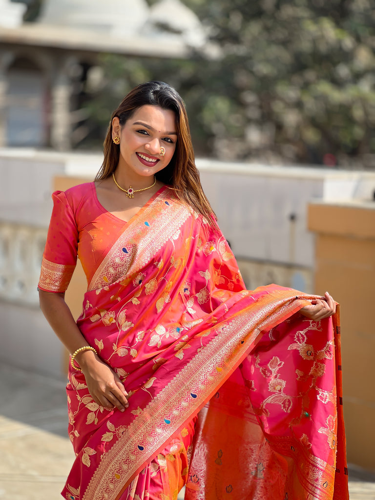 Peach Meenakari Elegance Banarasi Silk Saree