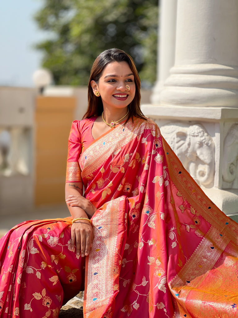 Peach Meenakari Elegance Banarasi Silk Saree