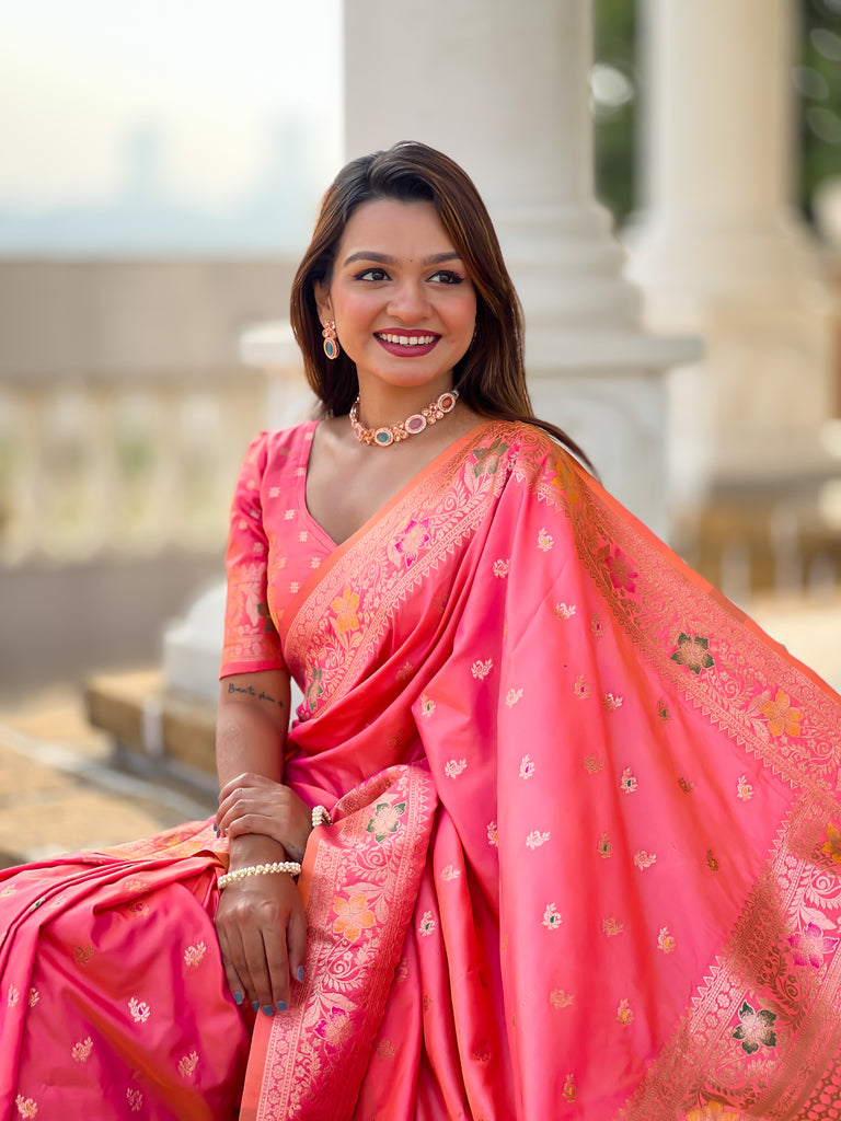 Peach Zari Weaving Banarasi Saree With Blouse Piece