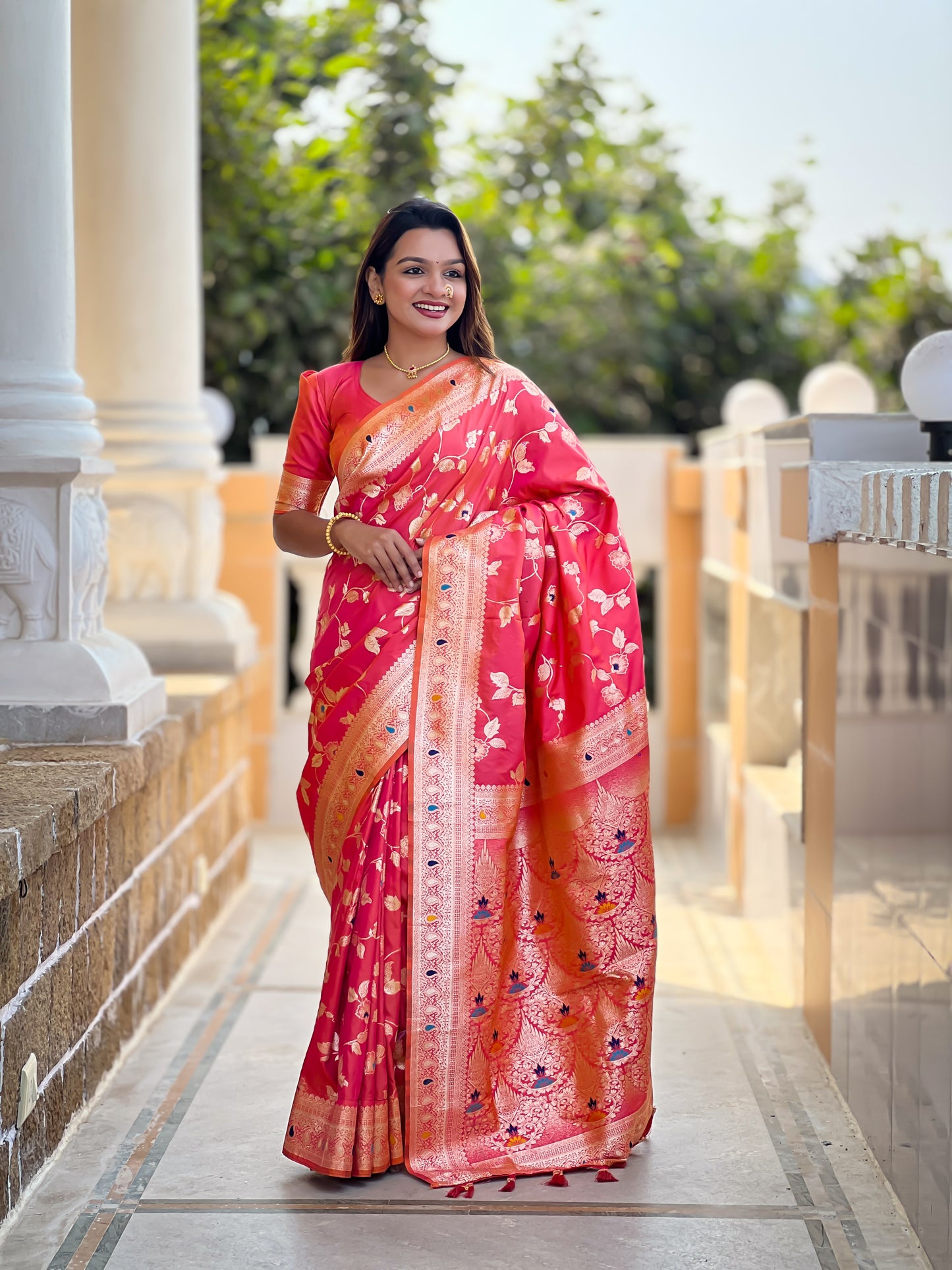 Peach Meenakari Elegance Banarasi Silk Saree