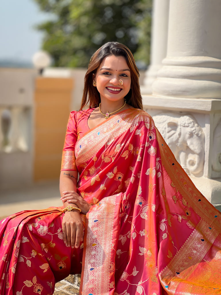 Peach Meenakari Elegance Banarasi Silk Saree